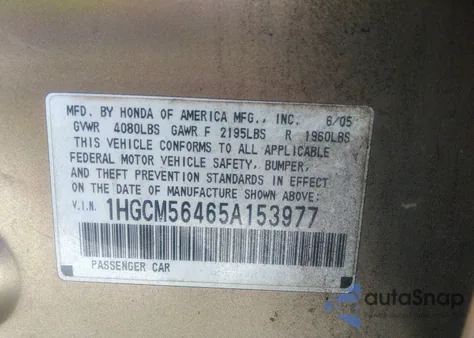 2005 Honda Accord 2.4 Lx из США, поврежденный, VIN 1HGCM56465A153977